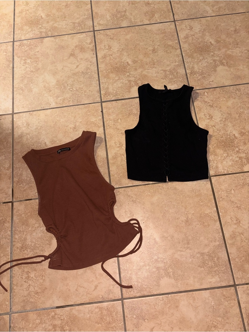 Zara Brown Side-Tie Ribbed Tank Top